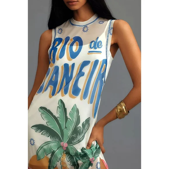 Anthropologie Farm Rio Graphic Mesh Sleeveless Midi Dress